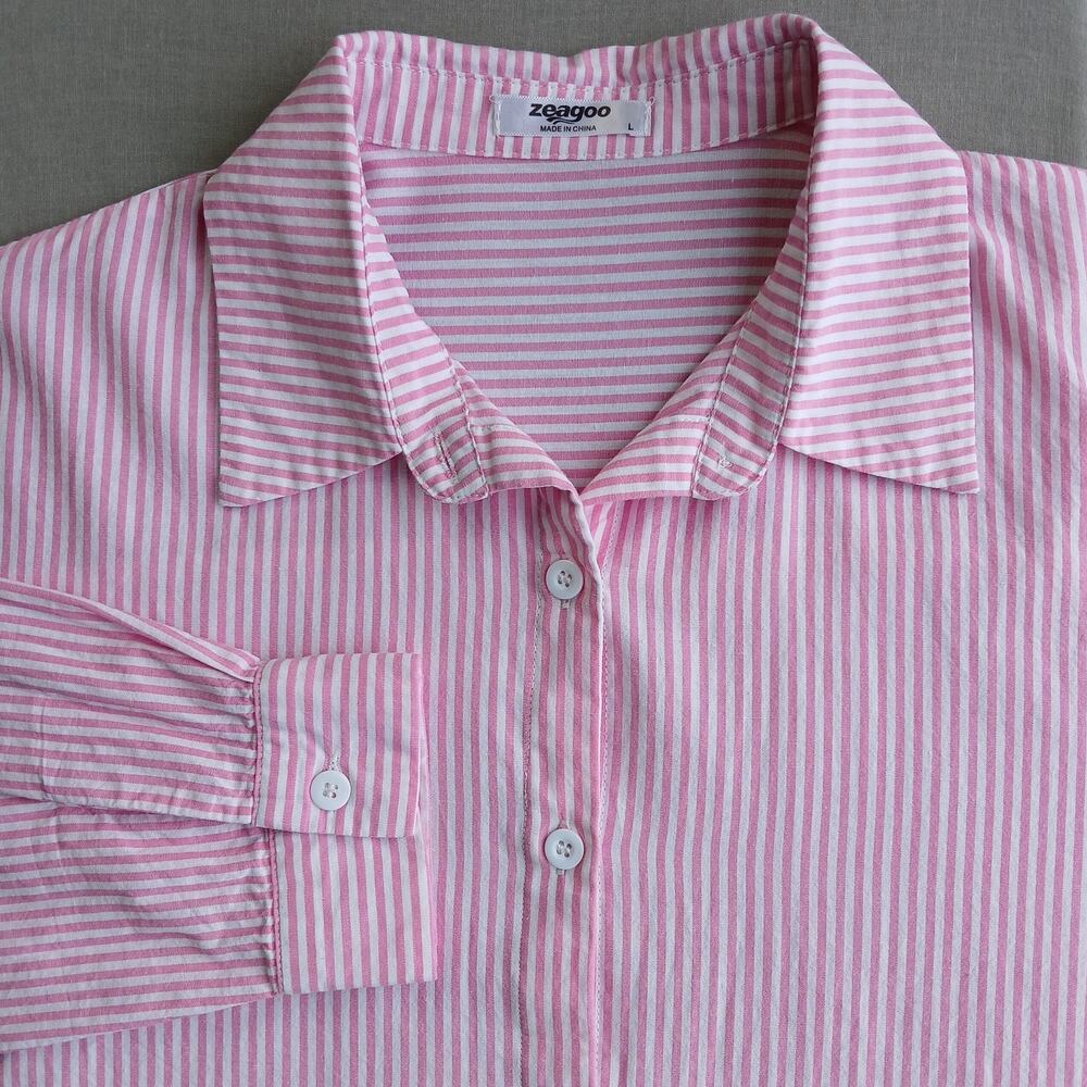 Zeagoo Pink Striped Button-up Shirt L unisex classic office long sleeve collar